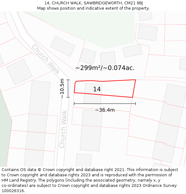 14, CHURCH WALK, SAWBRIDGEWORTH, CM21 9BJ: Plot and title map