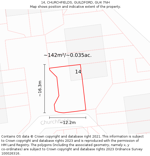 14, CHURCHFIELDS, GUILDFORD, GU4 7NH: Plot and title map