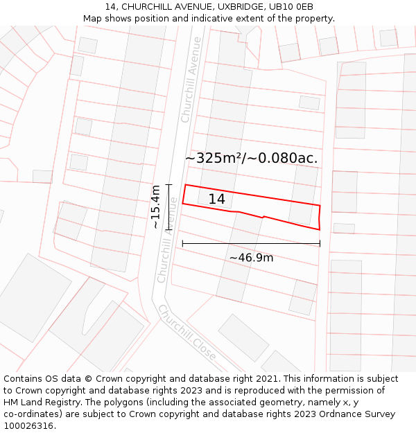14, CHURCHILL AVENUE, UXBRIDGE, UB10 0EB: Plot and title map