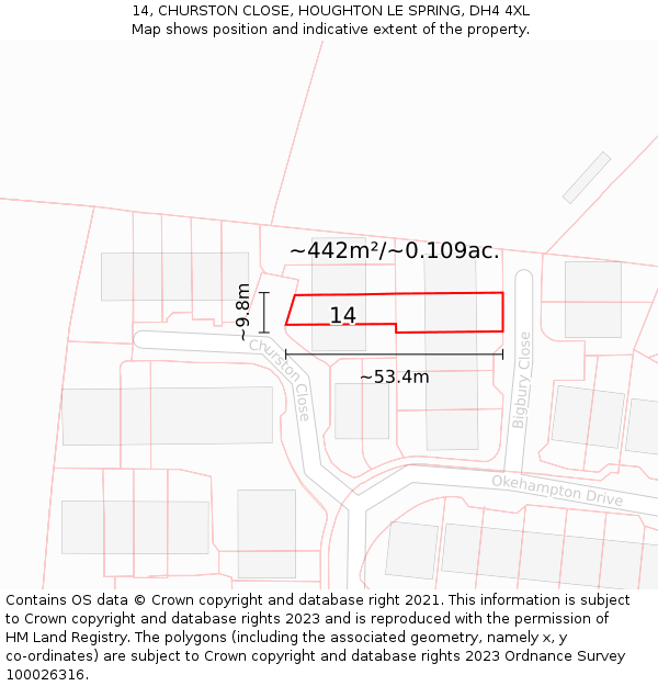 14, CHURSTON CLOSE, HOUGHTON LE SPRING, DH4 4XL: Plot and title map