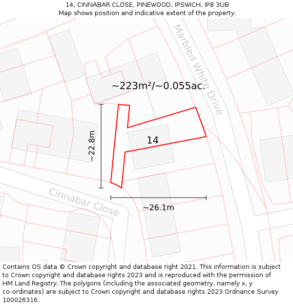 14, CINNABAR CLOSE, PINEWOOD, IPSWICH, IP8 3UB: Plot and title map