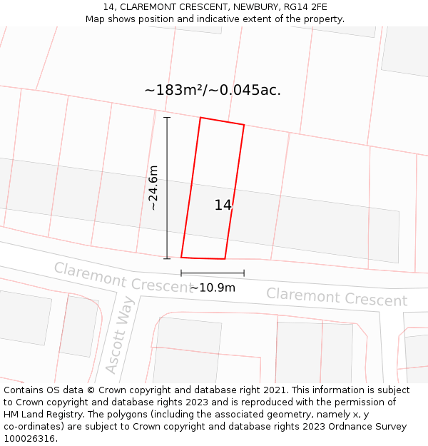 14, CLAREMONT CRESCENT, NEWBURY, RG14 2FE: Plot and title map