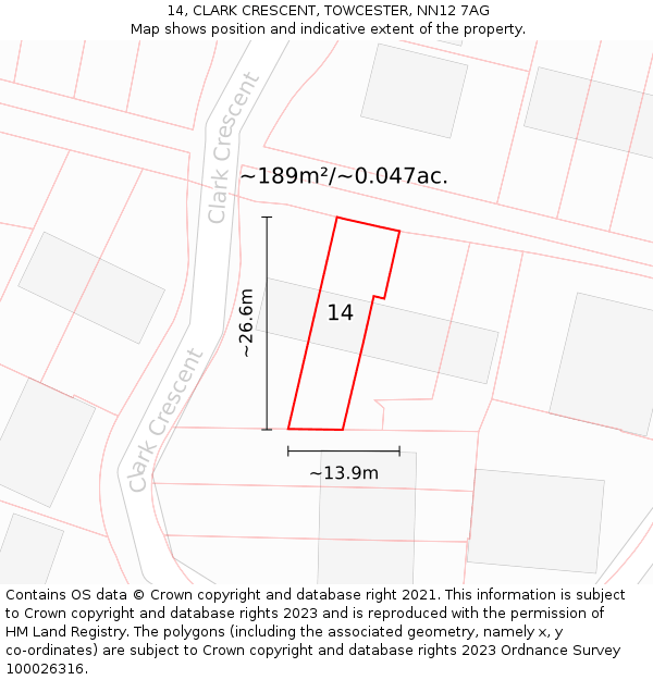 14, CLARK CRESCENT, TOWCESTER, NN12 7AG: Plot and title map