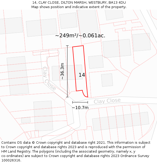 14, CLAY CLOSE, DILTON MARSH, WESTBURY, BA13 4DU: Plot and title map