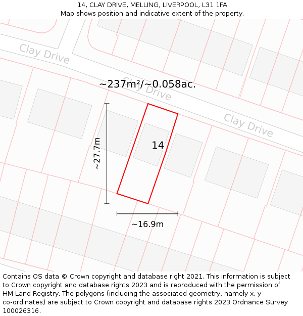 14, CLAY DRIVE, MELLING, LIVERPOOL, L31 1FA: Plot and title map