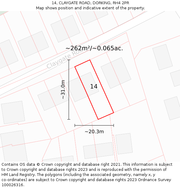14, CLAYGATE ROAD, DORKING, RH4 2PR: Plot and title map
