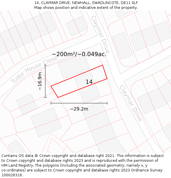 14, CLAYMAR DRIVE, NEWHALL, SWADLINCOTE, DE11 0LF: Plot and title map