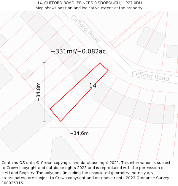 14, CLIFFORD ROAD, PRINCES RISBOROUGH, HP27 0DU: Plot and title map