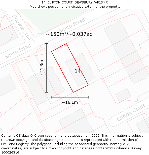 14, CLIFTON COURT, DEWSBURY, WF13 4RJ: Plot and title map
