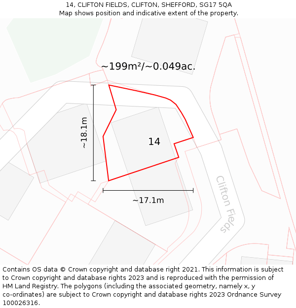 14, CLIFTON FIELDS, CLIFTON, SHEFFORD, SG17 5QA: Plot and title map