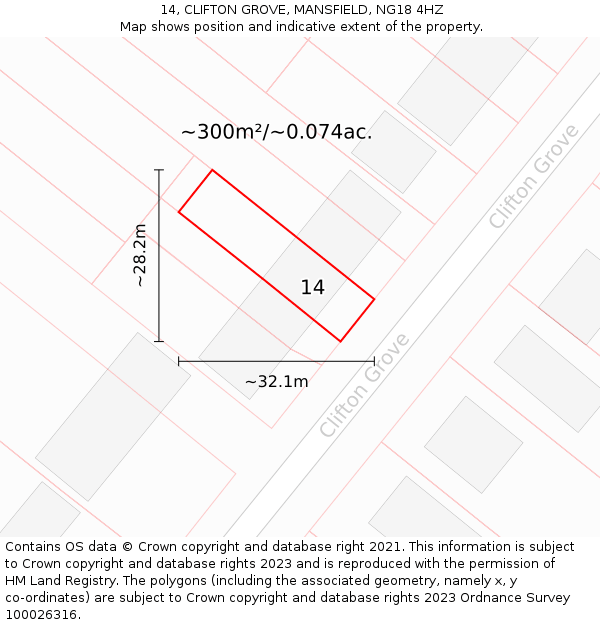 14, CLIFTON GROVE, MANSFIELD, NG18 4HZ: Plot and title map