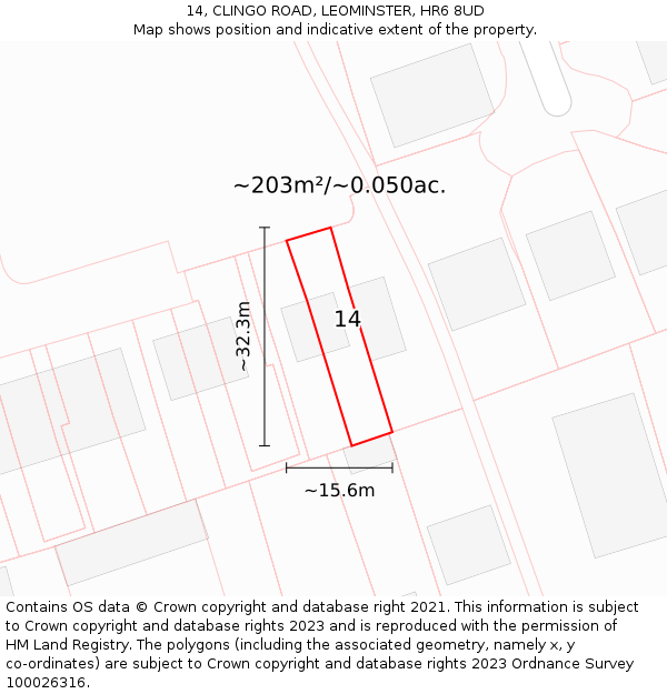 14, CLINGO ROAD, LEOMINSTER, HR6 8UD: Plot and title map