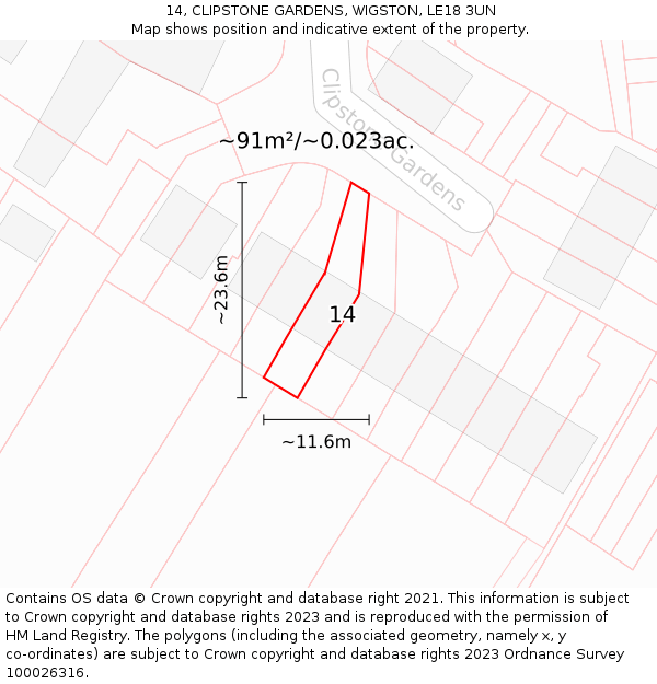 14, CLIPSTONE GARDENS, WIGSTON, LE18 3UN: Plot and title map