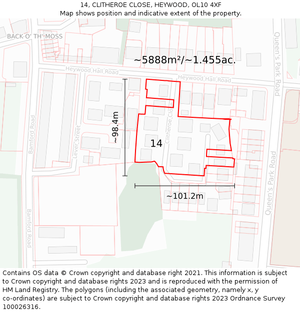 14, CLITHEROE CLOSE, HEYWOOD, OL10 4XF: Plot and title map
