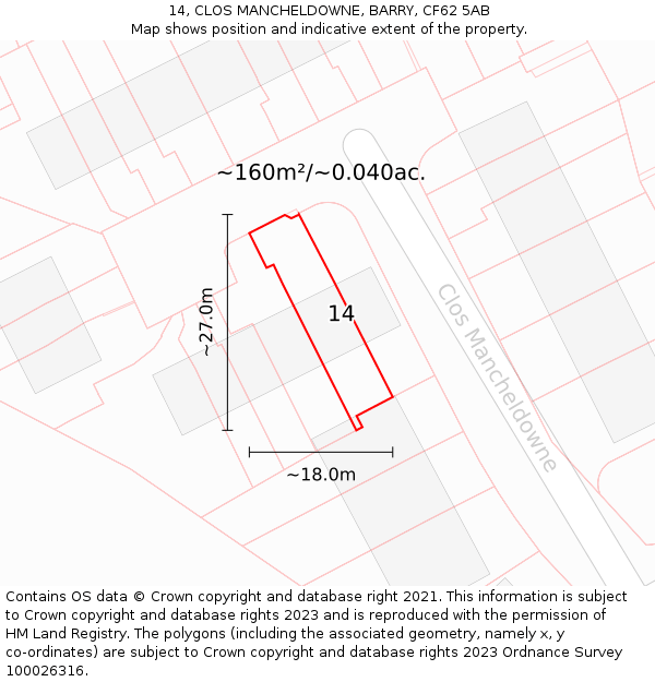 14, CLOS MANCHELDOWNE, BARRY, CF62 5AB: Plot and title map