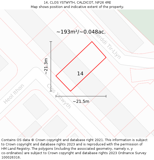 14, CLOS YSTWYTH, CALDICOT, NP26 4RE: Plot and title map