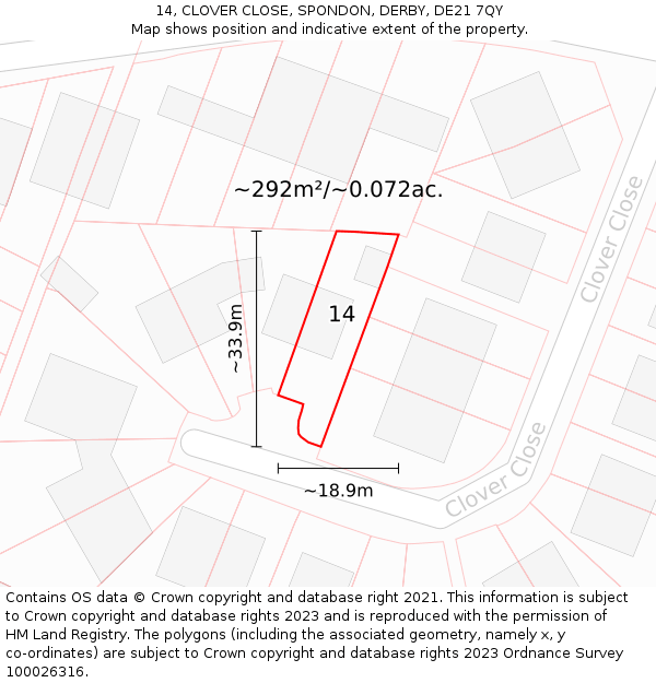 14, CLOVER CLOSE, SPONDON, DERBY, DE21 7QY: Plot and title map