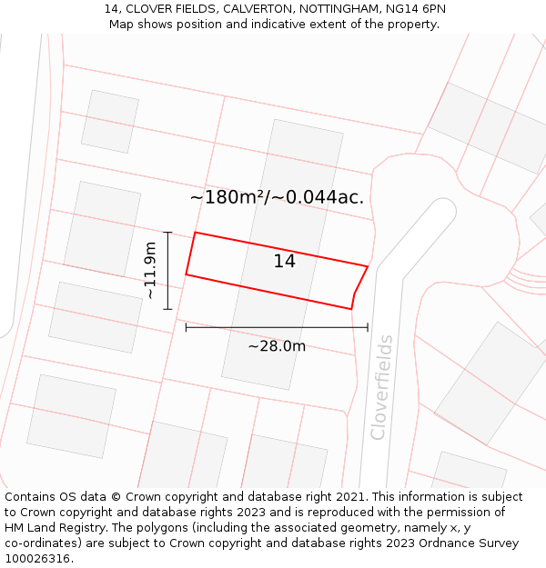 14, CLOVER FIELDS, CALVERTON, NOTTINGHAM, NG14 6PN: Plot and title map