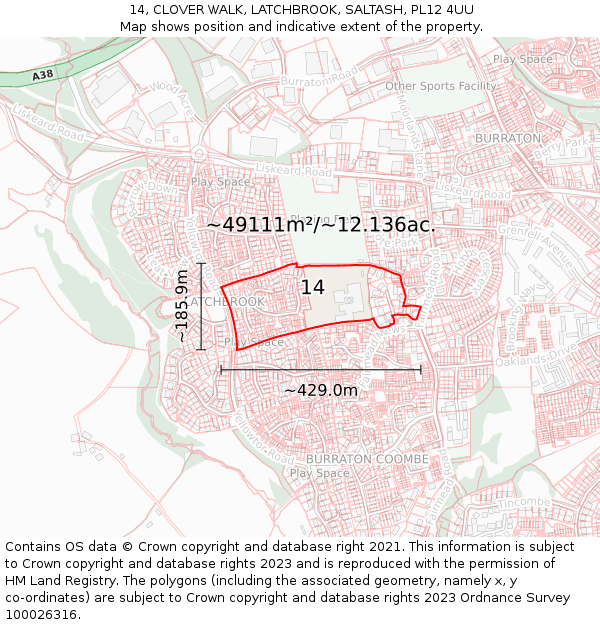 14, CLOVER WALK, LATCHBROOK, SALTASH, PL12 4UU: Plot and title map