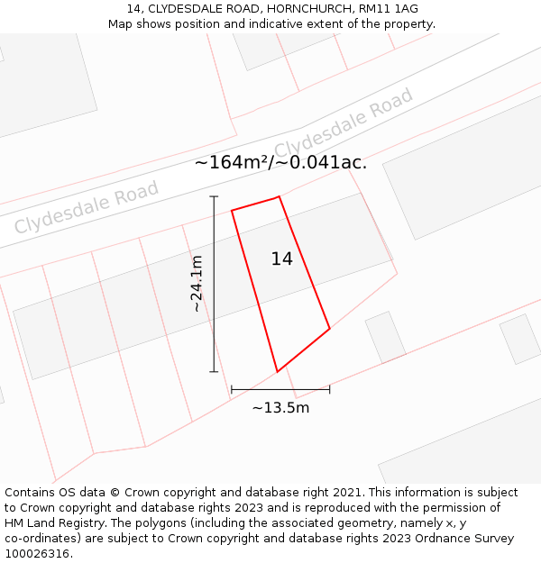 14, CLYDESDALE ROAD, HORNCHURCH, RM11 1AG: Plot and title map