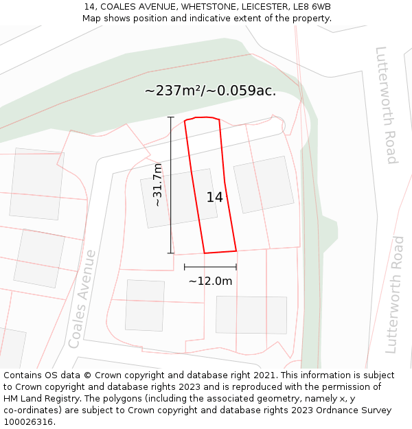 14, COALES AVENUE, WHETSTONE, LEICESTER, LE8 6WB: Plot and title map