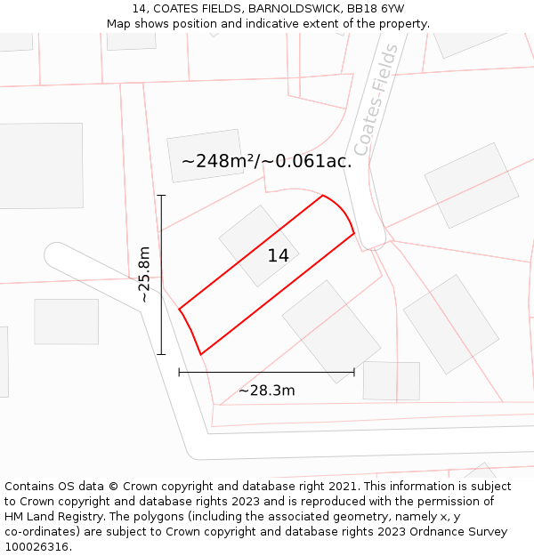 14, COATES FIELDS, BARNOLDSWICK, BB18 6YW: Plot and title map