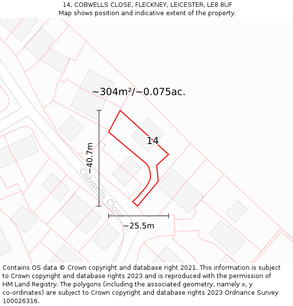 14, COBWELLS CLOSE, FLECKNEY, LEICESTER, LE8 8UF: Plot and title map