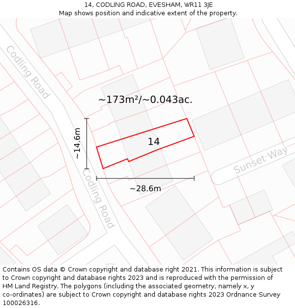 14, CODLING ROAD, EVESHAM, WR11 3JE: Plot and title map