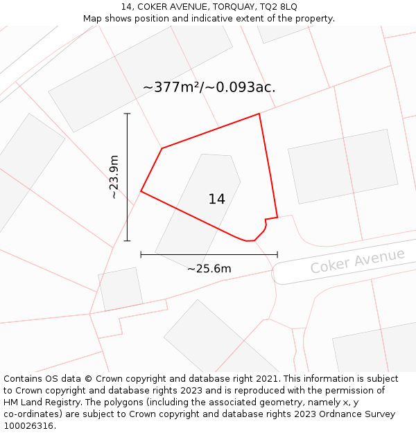 14, COKER AVENUE, TORQUAY, TQ2 8LQ: Plot and title map