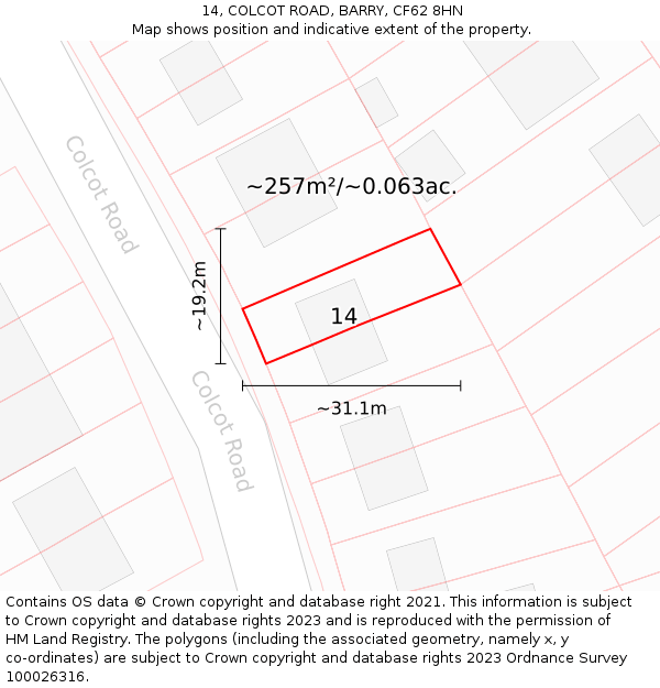14, COLCOT ROAD, BARRY, CF62 8HN: Plot and title map