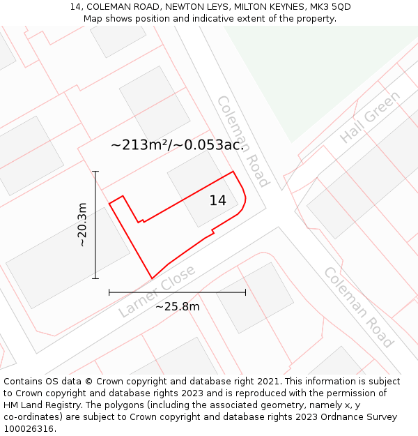14, COLEMAN ROAD, NEWTON LEYS, MILTON KEYNES, MK3 5QD: Plot and title map