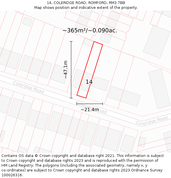14, COLERIDGE ROAD, ROMFORD, RM3 7BB: Plot and title map