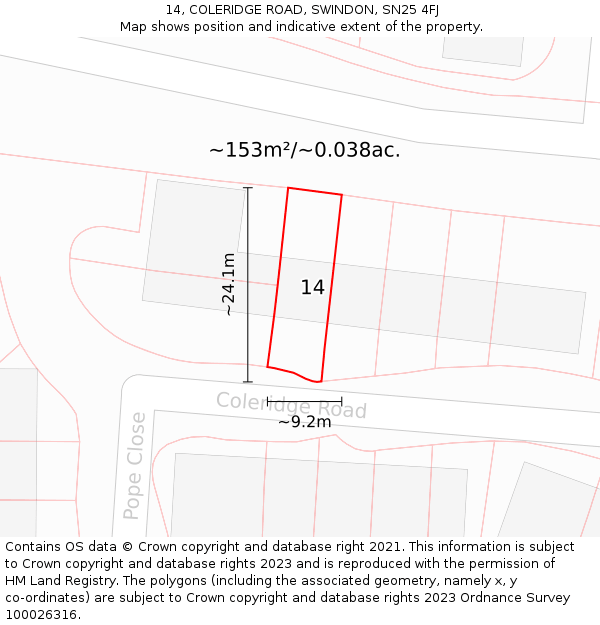 14, COLERIDGE ROAD, SWINDON, SN25 4FJ: Plot and title map