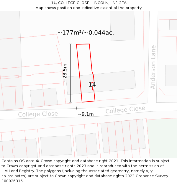 14, COLLEGE CLOSE, LINCOLN, LN1 3EA: Plot and title map