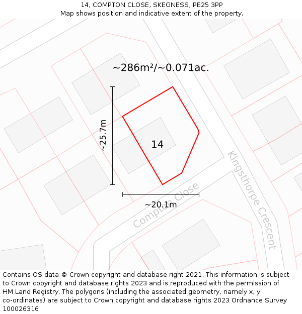 14, COMPTON CLOSE, SKEGNESS, PE25 3PP: Plot and title map