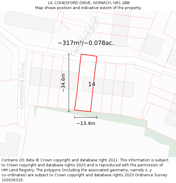 14, CONESFORD DRIVE, NORWICH, NR1 2BB: Plot and title map