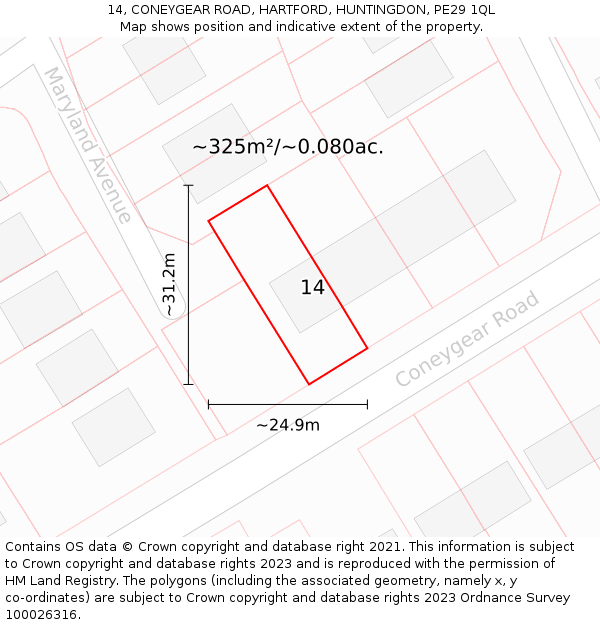 14, CONEYGEAR ROAD, HARTFORD, HUNTINGDON, PE29 1QL: Plot and title map