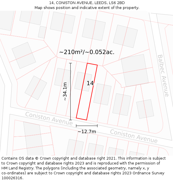 14, CONISTON AVENUE, LEEDS, LS6 2BD: Plot and title map