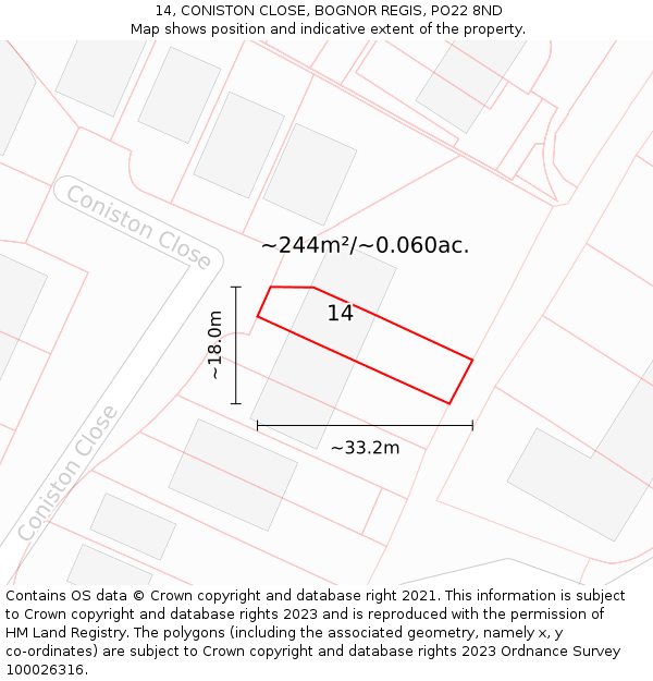 14, CONISTON CLOSE, BOGNOR REGIS, PO22 8ND: Plot and title map