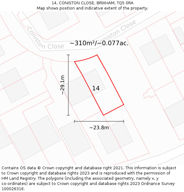 14, CONISTON CLOSE, BRIXHAM, TQ5 0RA: Plot and title map