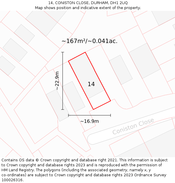 14, CONISTON CLOSE, DURHAM, DH1 2UQ: Plot and title map
