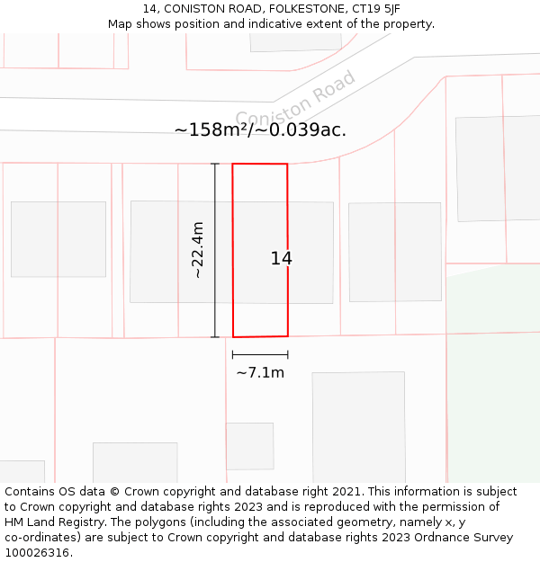 14, CONISTON ROAD, FOLKESTONE, CT19 5JF: Plot and title map