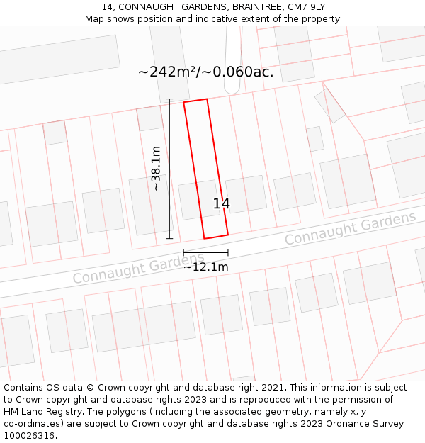 14, CONNAUGHT GARDENS, BRAINTREE, CM7 9LY: Plot and title map