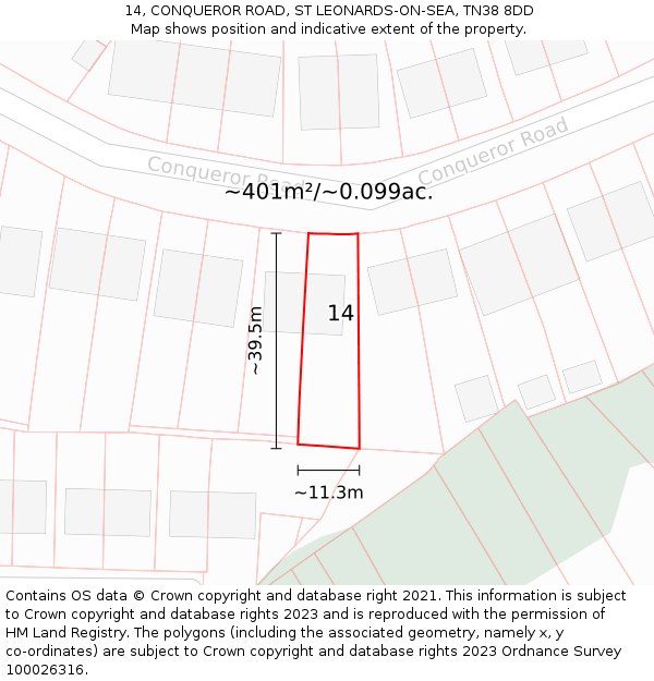 14, CONQUEROR ROAD, ST LEONARDS-ON-SEA, TN38 8DD: Plot and title map