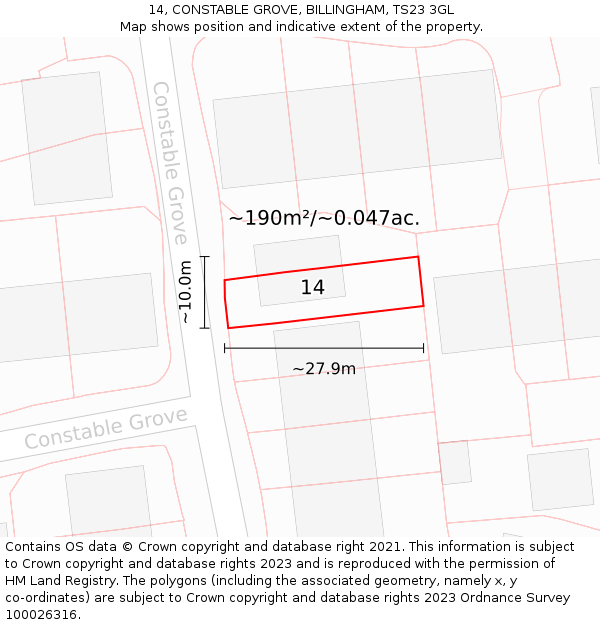 14, CONSTABLE GROVE, BILLINGHAM, TS23 3GL: Plot and title map