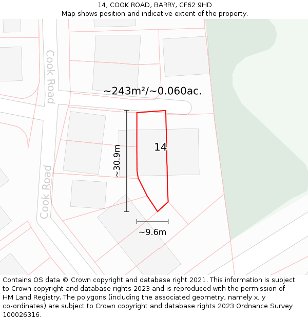 14, COOK ROAD, BARRY, CF62 9HD: Plot and title map