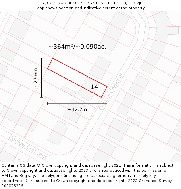 14, COPLOW CRESCENT, SYSTON, LEICESTER, LE7 2JE: Plot and title map