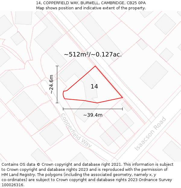 14, COPPERFIELD WAY, BURWELL, CAMBRIDGE, CB25 0PA: Plot and title map