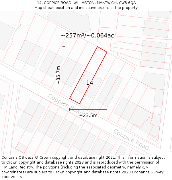 14, COPPICE ROAD, WILLASTON, NANTWICH, CW5 6QA: Plot and title map