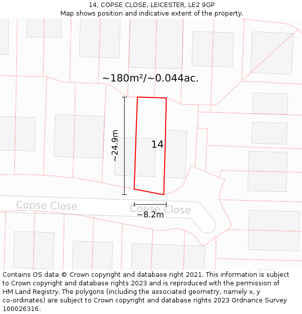 14, COPSE CLOSE, LEICESTER, LE2 9GP: Plot and title map